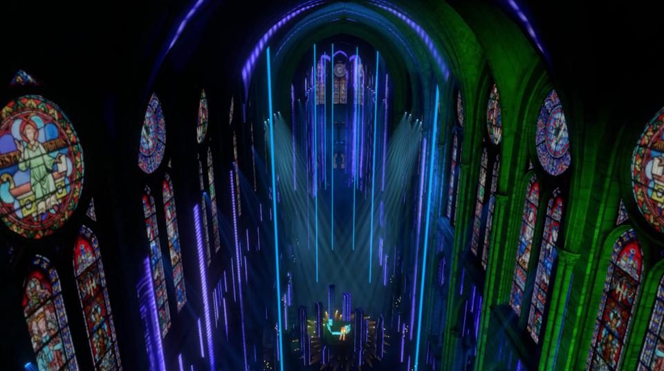 Die am Computer generierte Darstellung zeigt ein Konzert, das Elektropop-Pionier Jean-Michel Jarre am Silvesterabend als Avatar in der virtuellen Kulisse von Notre-Dame geben will, 2020
