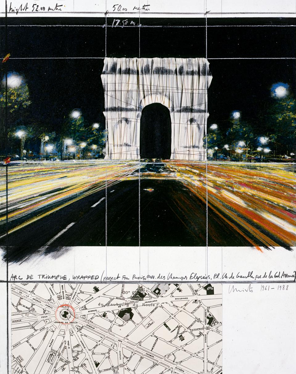 Arc de Triomphe, Wrapped, (Project for Paris), Collage 1961–88: 71.1 x 55.9 cm (28 x 22"), Pencil, fabric, twine, pastel, charcoal, wax crayon, map, and Photostat from postcard, Private collection